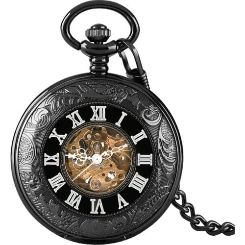 Men Mechanical Watch Skeleton Bronze Steampunk Transparent Black Steampunk Roman Numbers Mechanical Pocket Watch Fob Watches