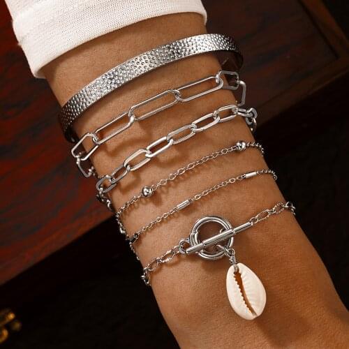 Docona 6pcs/set Punk Shell Geometry Bracelet Set for Women Retro Silver Color Multi-layer Adjustable Bangel Female Jewelry 18445