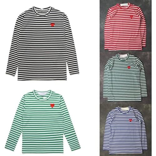 Have eyes t shirt Men Summer Autumn Couple Love Peach Stripes Long Sleeve Round Neck Embroidery Women Cotton Loose T-shirt 2021
