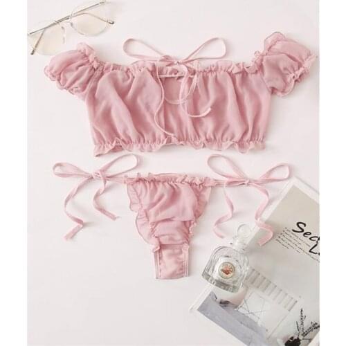Women Sexy Sweet Pink Lingerie Sets Off Shoulder Frill Trim See Through Tulle Crop Tops+Lace Up Thong Briefs Underwear Sleepwear