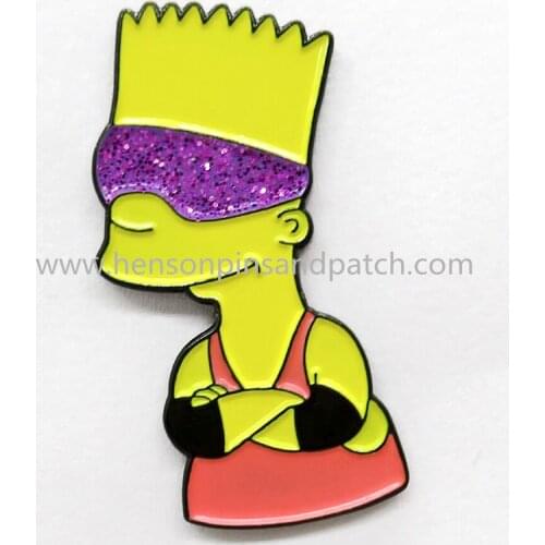 Customized dye black metal yellow man purple glitter pin badge