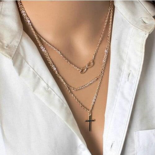 Women Fashion Gold Colour Multi Layers Charms Beads Infinite Cross Pendants Necklaces colar feminino Girlfriend Gift Necklace
