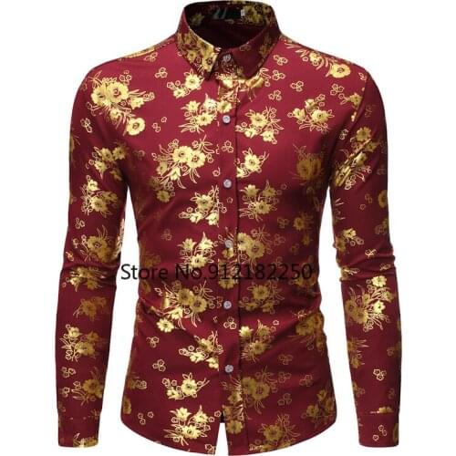 Mens Fashion Shiny Gold Floral Printed Button Down Dress Shirts Camisa Masculina 2021 Brand Black Slim Fit Long Sleeve Shirt Men