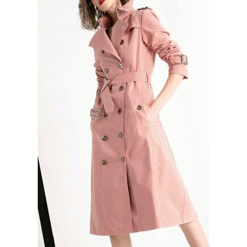 Trench Coat For Women 2021 Pink Long Over Knee Spring Autumn Double Breasted Elegante Windbreakers Uk Fashion Elegante Clothes