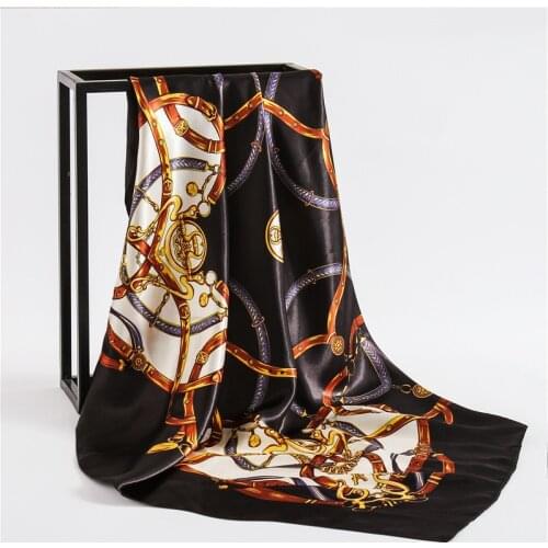 Fashion Kerchief Hair Scarf For Women Floral Print Silk Satin Hijab Scarfs 90*90cm Square Shawl Headband Scarves For Ladies 2021