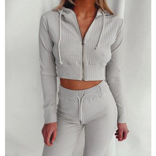Spring Autumn Two Piece Set Tracksuit Women Clothes Ribbed Hoodies Zipper Crop Top And Pants Leisure Suits Lounge Wear Outfits