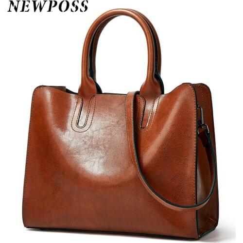 NEWPOSS Women bag Oil wax Womens Leather Handbags Luxury Lady Hand Bags With Purse Pocket Women messenger bag Big Tote Sac Bols