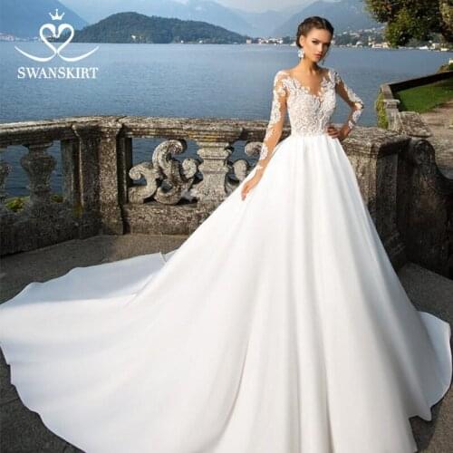 Sweetheart Wedding Dresses 2021 Appliques Long Sleeve A-Line Court Train Princess Bride Gown SwanSarah I140 Vestido De Noiva