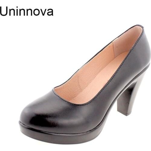 Uninnova Womens High Heel Black Pumps Working Career Shoes Genuine Leather Shoes Slip on Extral Small Size 32 Plus 43 WP078