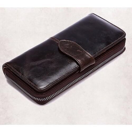 High Quality Oil Wax Genuine Leather Long Wallet Men Famous Brand Clutch Bag Zipper Cash Pocket Card Holder Vintage Bifold Purse