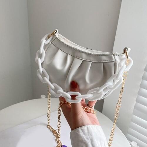 Fashion Women PU Leather Pure Color Pleated Shoulder Crossbody Messenger Bag Casual Ladies Thick Chain Small Hobos Handbags