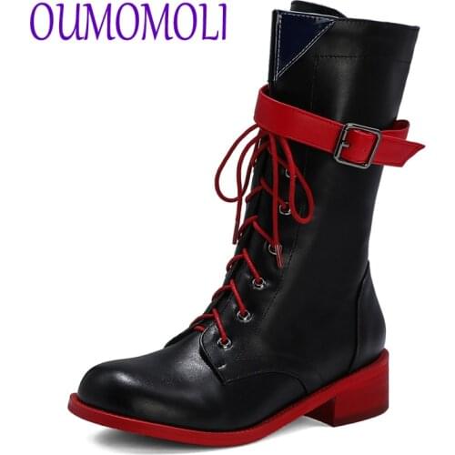 Women Mid-Calf Boots Womens Fashion buckle Shoes Woman Leather Buckle Strap Ladies Chunky Heels Female Punk Rome Footwear V134