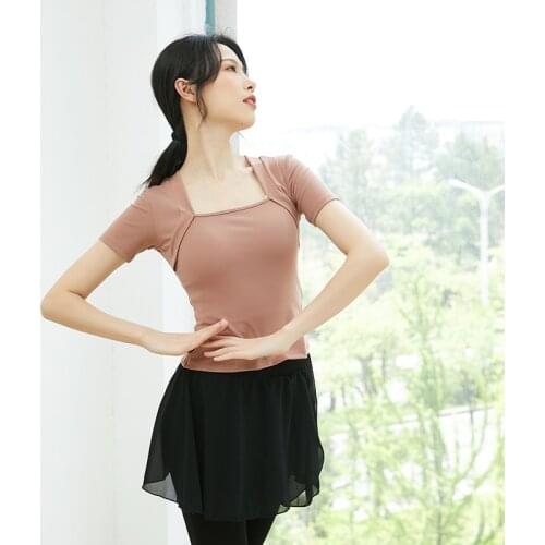 Adult Ribbed Cotton Belly Ballet Dance Square Neck Top T Shirt Costume for Women Yoga Dancing Clothes Dancer Wear Clothing