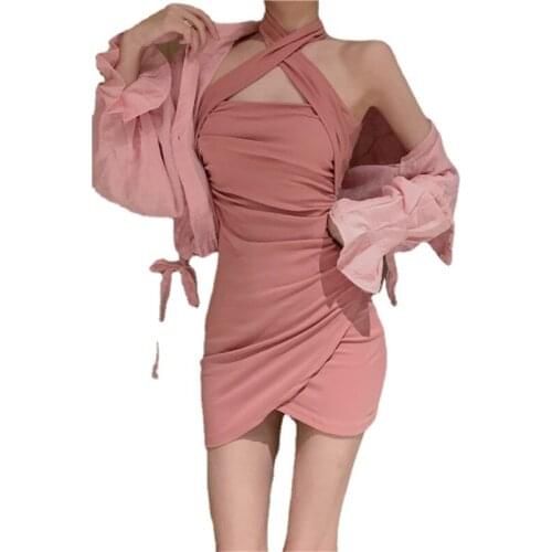 Women Summer Fashion 2 Piece Skirt Set Sexy Halter Slim Mini Dress&Sun Protection Shirt Thin Cardigan Shirt 2pc Matching Suits