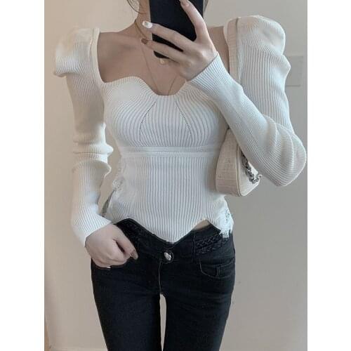Long-sleeved sweater womens spring 2021 new foreign style white sweater Korean style slim inner short tops