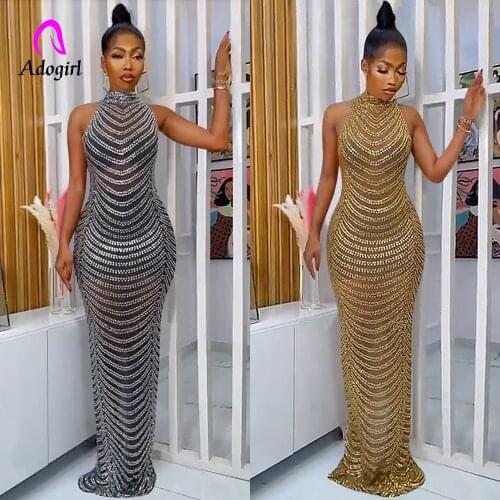 Crystal Women Long Maxi Dress Sleeveless Turtleneck Floor Length Evening Dresses 2021 Sexy See Through Night Club Party Vestidos