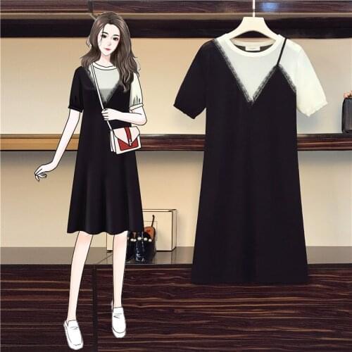 Dresses For Women 2021 Summer Korean Fashion Short Sleeve Shirt Dress Plus Size Casual Vintage Knitting Lace Splice Woman Dress