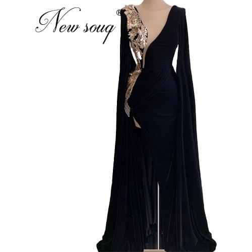 Abendkleider Black V Neck African Prom Dresses Long Beaded Sequins Evening Dress Red Carpet Gown 2020 Dubai Celebrity Party Gown