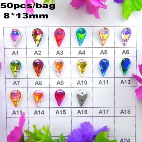 AB colors Two holes 8*13mm 50pcs/bag Waterdrop Tear shape glass Sew on Crystals garment shoes wedding dress ornament diy trim