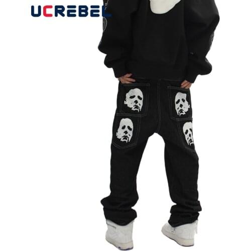 Spoof Portrait Print Denim Pants Mens High Street Loose Straight-leg Pants Streetwear Casual Jeans Trousers Men