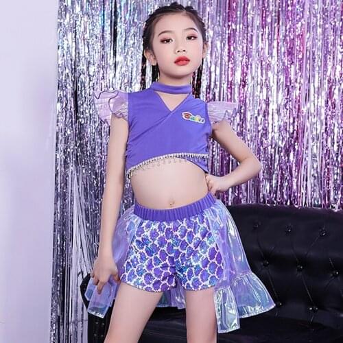 2021 NEW Girls Jazz Costumes Hip Hop Dance Clothing Kids Modern Cheerleading Stage Performance Outfit Child Purple Sequin Shorts