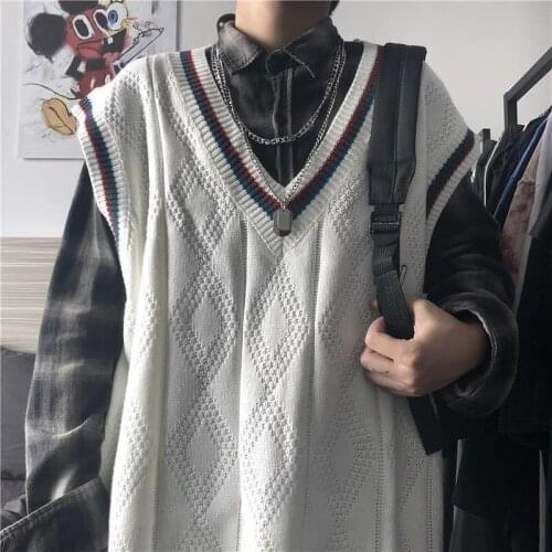 Ins Harajuku Style Retro Fashion Simple Wild Embroidery V-neck Vest Outer Wear Knitted Sweater Vest Men and Women Couples Tide