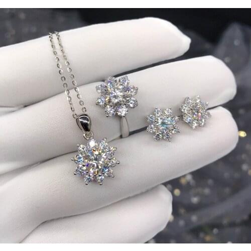 Pirmiana Classic Sun Flower Jewelry Set 925 Sterling Silver Earrings Necklace Rings 1.0ct D VVS Created Moissanite Diamond