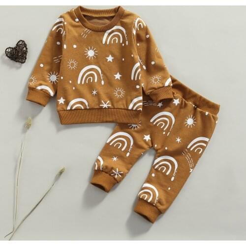 2 Pieces Kids Infant Suit Set Fashion Toddler Rainbow Print Round Neck Long Sleeve Tops+Long Pants Casual Clothes for Boys Girls