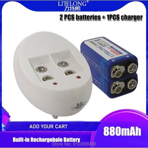 2PCS 9v 880mAh LITELONG Rechargeable Lithium Battery+1PCS Smart Charger