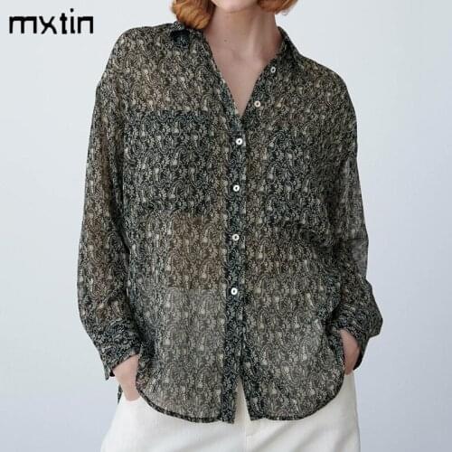 MXTIN 2021 Women Spring Fashion Print Button Oversize Blouses Vintage Lapel Collar Long Sleeve Female Shirts Blusas Casual Tops