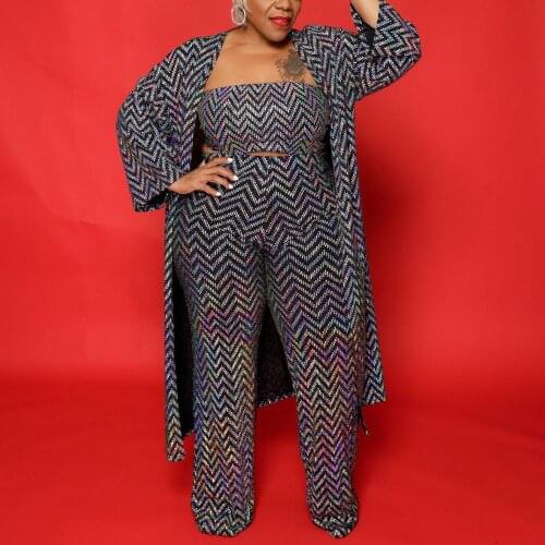 2020 New Autumn Winter Cloth Sets 4xl 5xl Shinny Long Cardigan & Pants Sexy Elegant Evening Night Club Outwears Sets Big Size