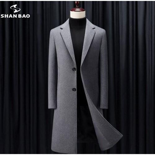 SHAN BAO black gray dark blue luxury high-quality brand wool coat winter thick and warm mens business gentleman slim long coat