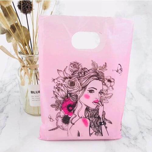 15X20CM Black Flower Butterfly Girl Plastic Gift Bags With Handles Hot Pink Plastic Gift Boutique Shopping Wedding Bags 100PCS
