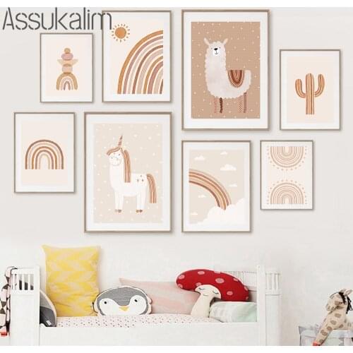 Rainbow Canvas Print Alpaca Unicorn Art Painting Cactus Prints Boho Poster Decoration Nordic Posters And Prints Kids Room Decor