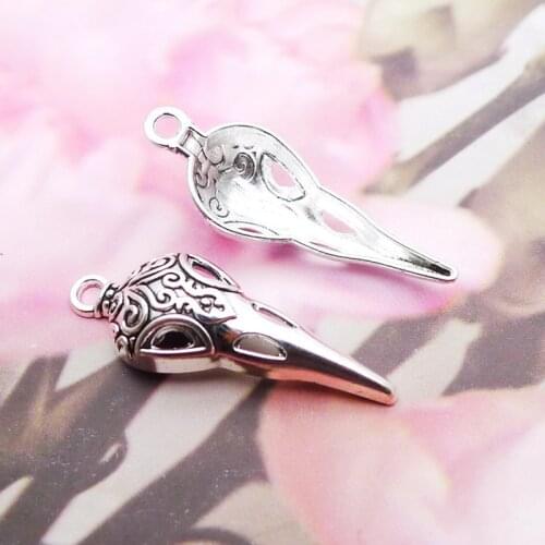 RAINXTAR Fashion Alloy Antique Silver Color Bird Skull Head Charms 13*35mm 10pcs AAC283