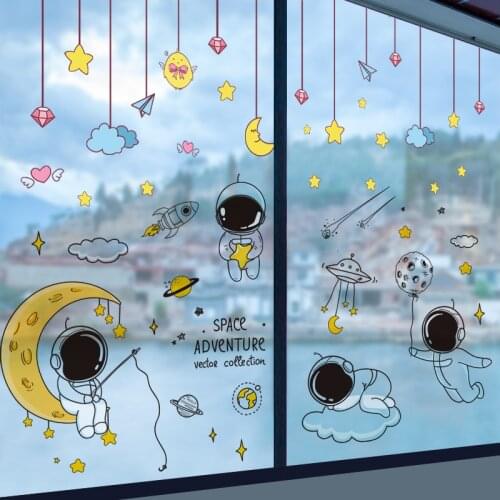 [shijuekongjian] Outer Space Astronauts Wall Stickers DIY Cartoon Hangings Mural Decals for Kids Rooms Baby Bedroom Decoration
