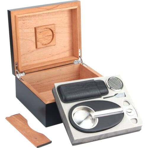 Cigar box solid wood cedar wood cigar moisturizing box portable ashtray six-piece set with leather case cigarette case
