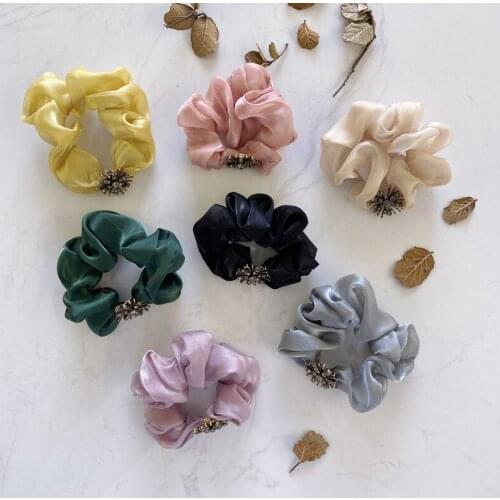 Rhinestone Colorful Silk Elastic Hair Bands Hair Ropes Shiny Crystal Flower Silk Lace Hair Accessories Ponytail Holder Wholesale
