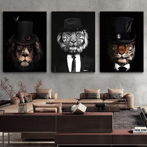 Tiger and Lion Gentleman in the Clothes Painting on the Wall Art Posters and Prints Canvas Animals Pictures for Bed Room Decor