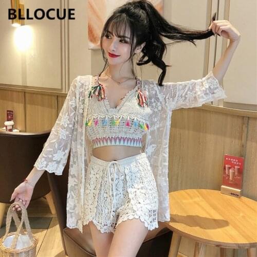 BLLOCUE 2020 Spring New V-neck Hollow Fringed Sling + Lace Sunscreen Cardigan + High Waist Slim Shorts Suit Three-piece Suit