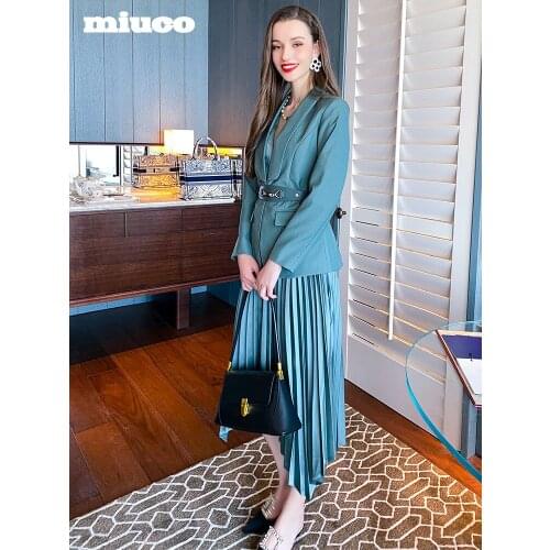 Green fruit collar double front waist suit+Irregular pleated skirt suit for women 2021 High Quality Top Quality