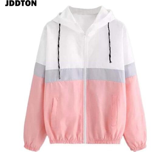 JDDTON Womens Hooded Jackets Patchwork Long Sleeve Clothing Multicolor Beam Waist Coats Female Casual Windbreaker EU Size JE286