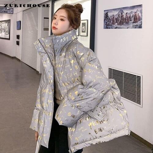 ZURICHOUSE Oversized Winter Jacket Women Warm Stand Collar Womens Parka 2021 Fashion Reflective Letter Print Winter Coat