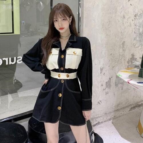 Women Cargo Dress Long Sleeve Single Breasted Ins Female High Waist Mini Dress Office Ladies Leisure Dresses