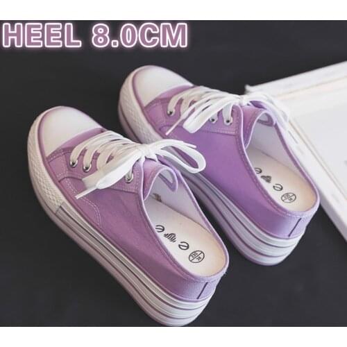 2020 Summer Lavender Thick Bottom Slipper Elevator Canvas Shoes Women 8cm Half Slippers Girl White Shoe Chunky Heel Light Purple