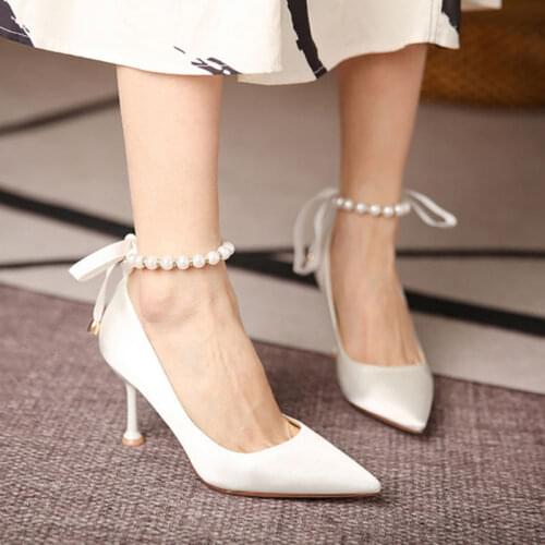 Women Stiletto Pumps 2021 Fashion Design Black White Casual Wedding Party Pearl Butterfly Strap High Heels Ladies Sexy Shoes
