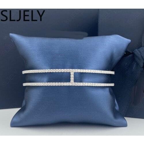 SLJELY Fashion S925 Sterling Silver Paved Zirconia Double Circles Open Cuff September New Bangle Bracelet Women Monaco Jewelry