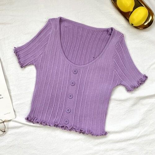 HELIAR 2021 Summer Tees Women Ruffle Crop Top Female Candy Short Sleeve T-shirts Button Up Thread Streetwear T-Shirts