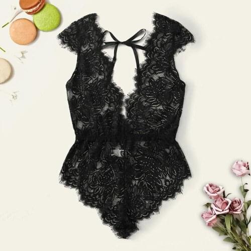 Sexy Perspective Camisole Lace One-piece Jumpsuit Etroic Bodysuit Women Deep V-neck Backless Camisole Lace Bodysuit #20
