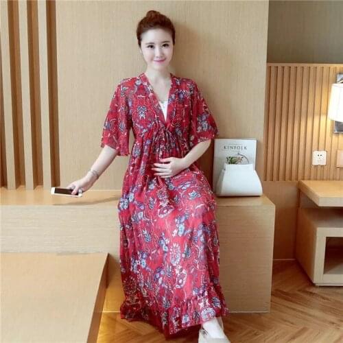 Womens Pregnancy Sexy V-neck Floral Printed Chiffon Dress Maternity Half Sleeve Bohemian Long Dress Clothes For Pregnant Women